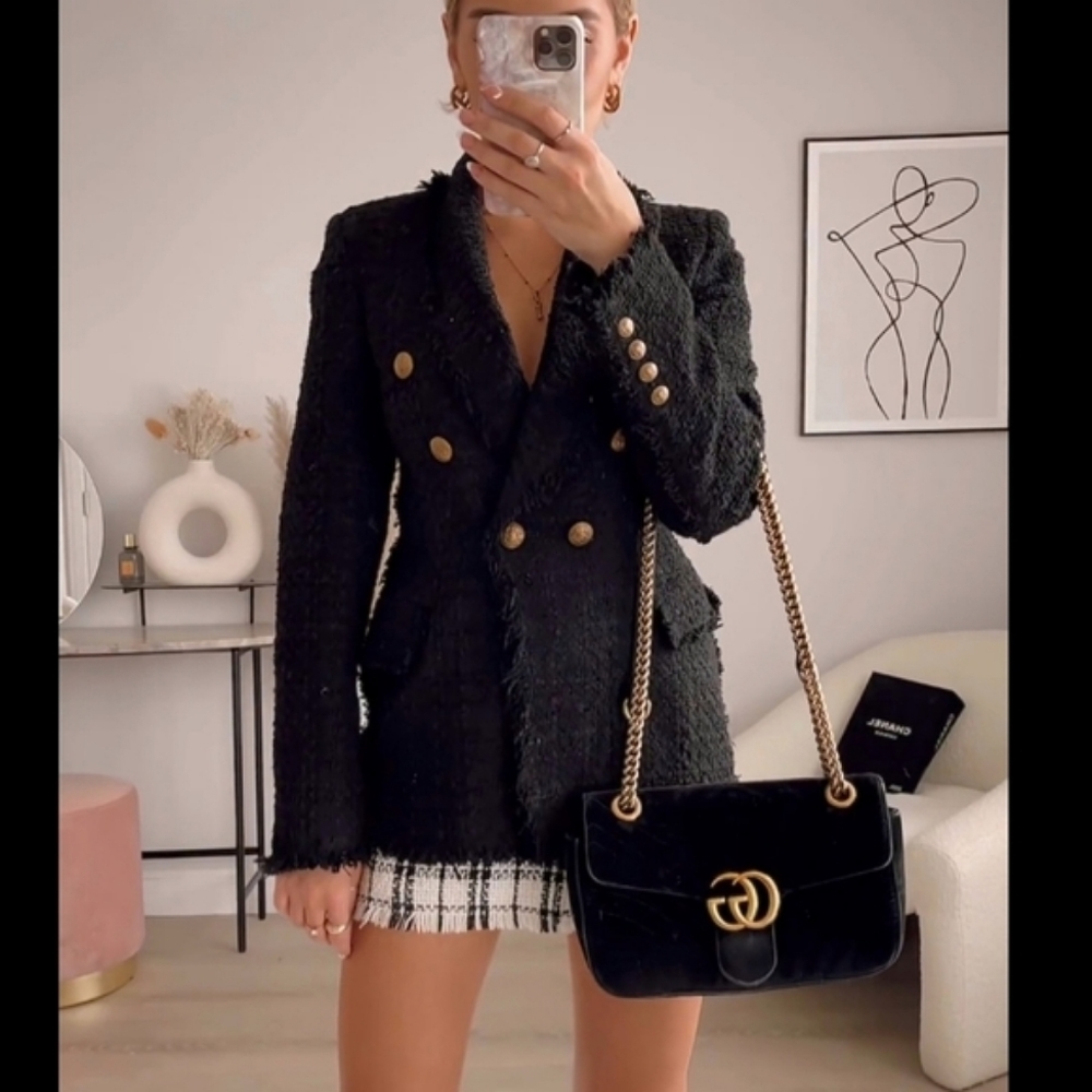 NWT Zara Black Tweed Double-Breasted Blazer with Gold Buttons Size XS
